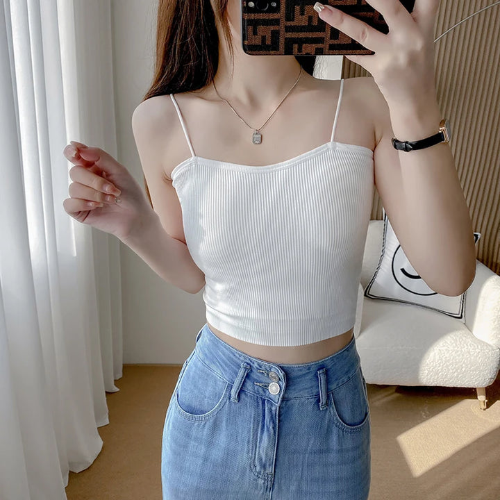 Knitted Camisole Undershirt Women Inner Slim Outer Wear Short Self Chest Pad Beauty Back Beauty Top Bottom Basic Simple Sexy