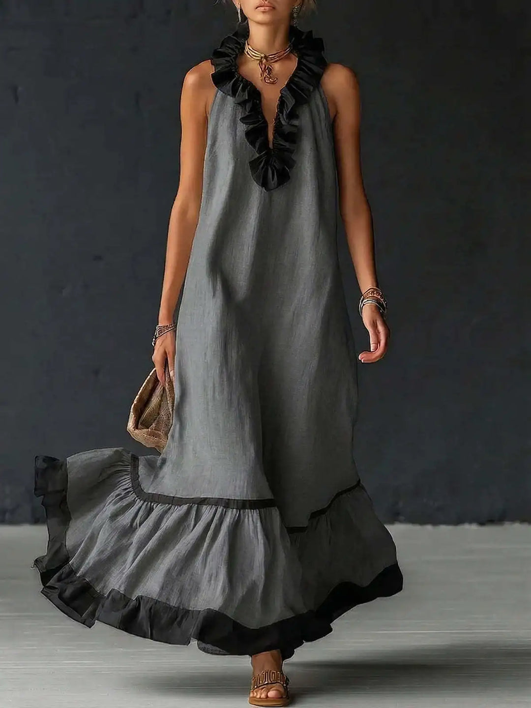Fashion Patchwork Maxi Dress for Woman V Neck Stringy Selvedge Ruffle Flowy Long Dresses 2026 Summer Beach Vacation Sundress