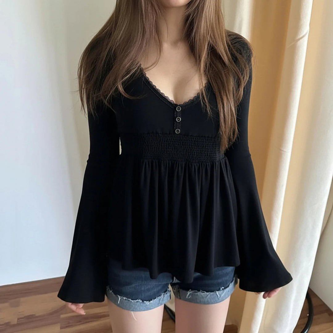 Navy V-neck Sexy Long Sleeve Tees Women Autumn New Streetwear Casual Lace-up Slim T-shirts Vintage Chic Sweet Babydoll Tops Y2K