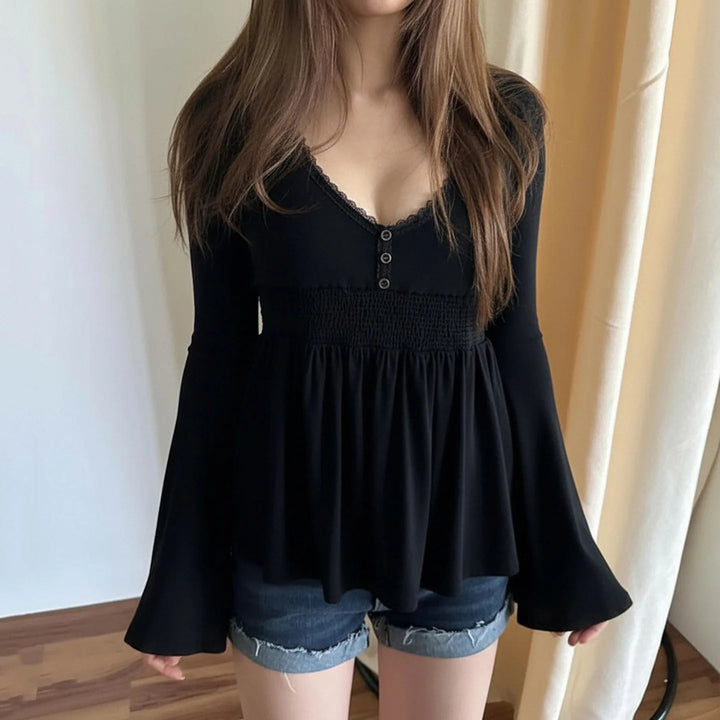 Navy V-neck Sexy Long Sleeve Tees Women Autumn New Streetwear Casual Lace-up Slim T-shirts Vintage Chic Sweet Babydoll Tops Y2K