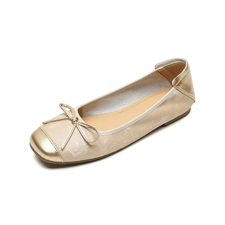 2025 New Genuine Leather French Ballet Flats for Women, Summer Outdoor Wear, One-Piece Bow Soft Sole Low-Heeled Shoes