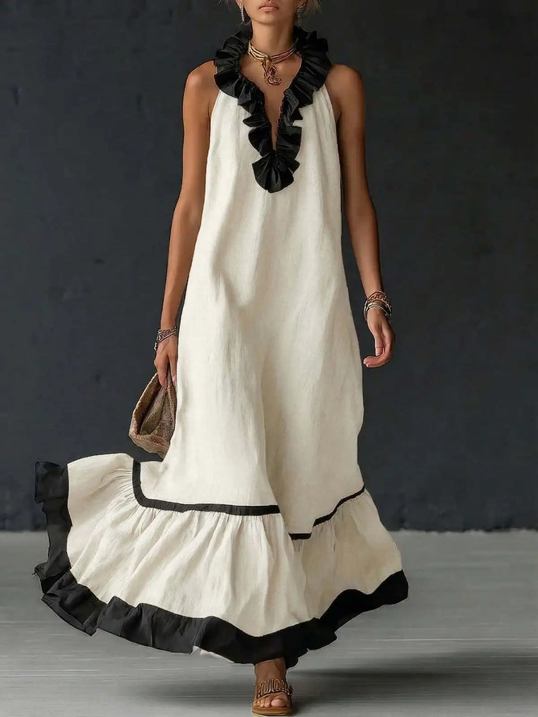 Fashion Patchwork Maxi Dress for Woman V Neck Stringy Selvedge Ruffle Flowy Long Dresses 2026 Summer Beach Vacation Sundress
