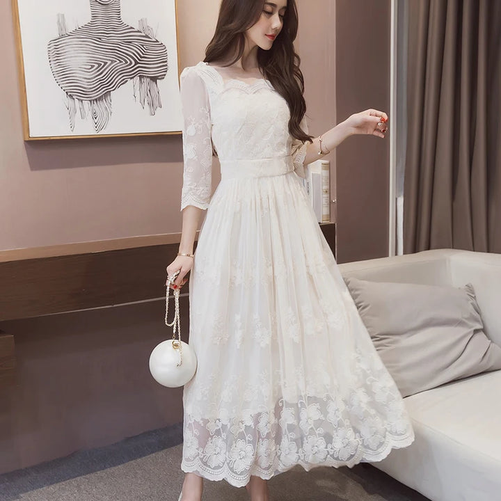 Female Dress Long White Embroidery Maxi Birthday Women&