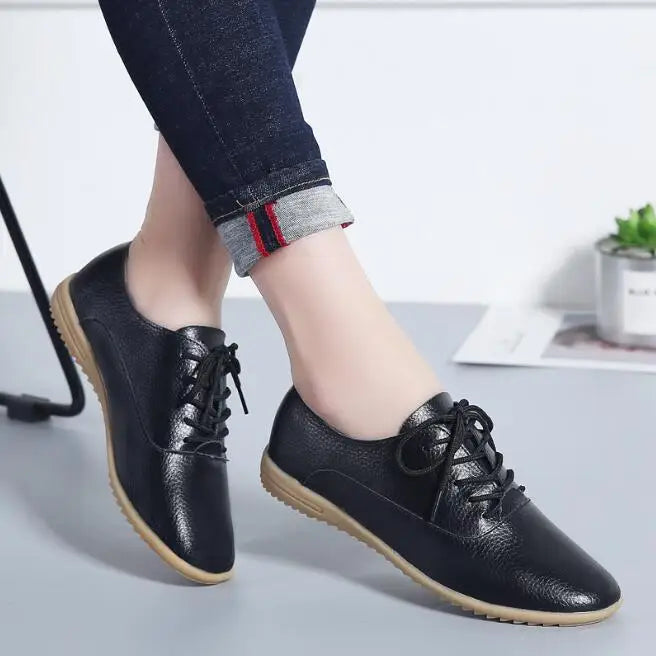 2025 New Women Flats Spring Autumn Woman Loafers Leather Female Shoes Lace up Soft Comfortable Ladies Women&