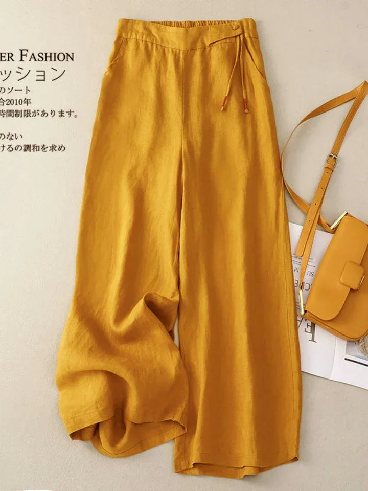Women Elastic High Waist Cotton and Linen Casual Pants Retro Artistic Summer Wide Leg Pants Loose Straight Yellow Women&
