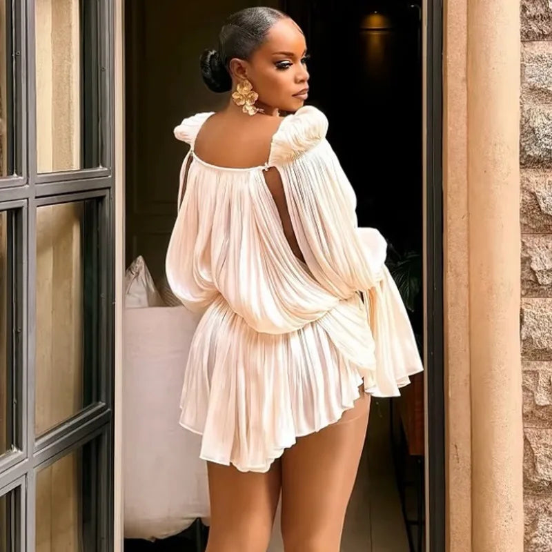 Satin Off-Shoulder Pleated Mini Dress for Women Fashion Puff Sleeve Cinched Waist Prom Party Skirt 2026 NEW Spring Lady Dresses