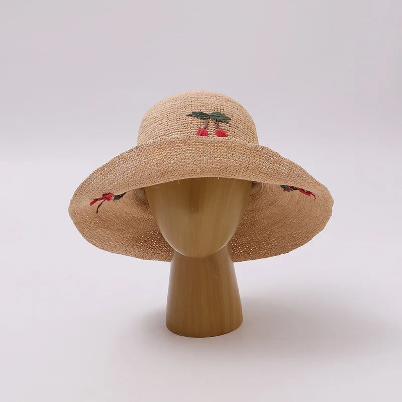 Japanese Raffia Straw Hats for Female Summer Korean Version of The Sunscreen Wide Brim Beach Seaside Vacation Sun Cap Foldable