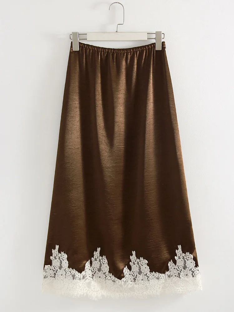 Streamgirl Midi Lace Satin Skirts Women Spring Summer High Waist Straight Burgundy Skirts With Lace For Women Office Wear Skirt