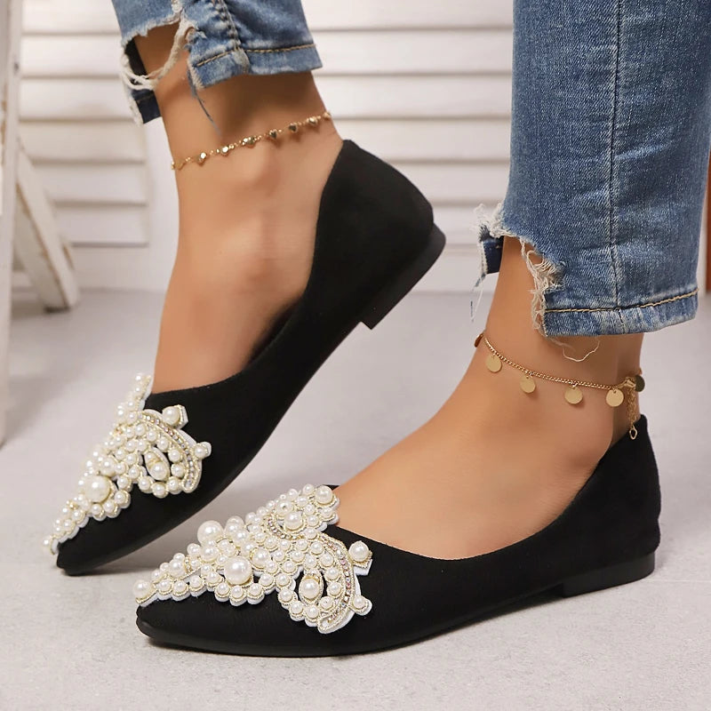 Chic Women Ballet Flats Rhinestone Elegant Black Shoes for Women Fashion Shallow Ladies Causal Performance Loafers Pointed-toe