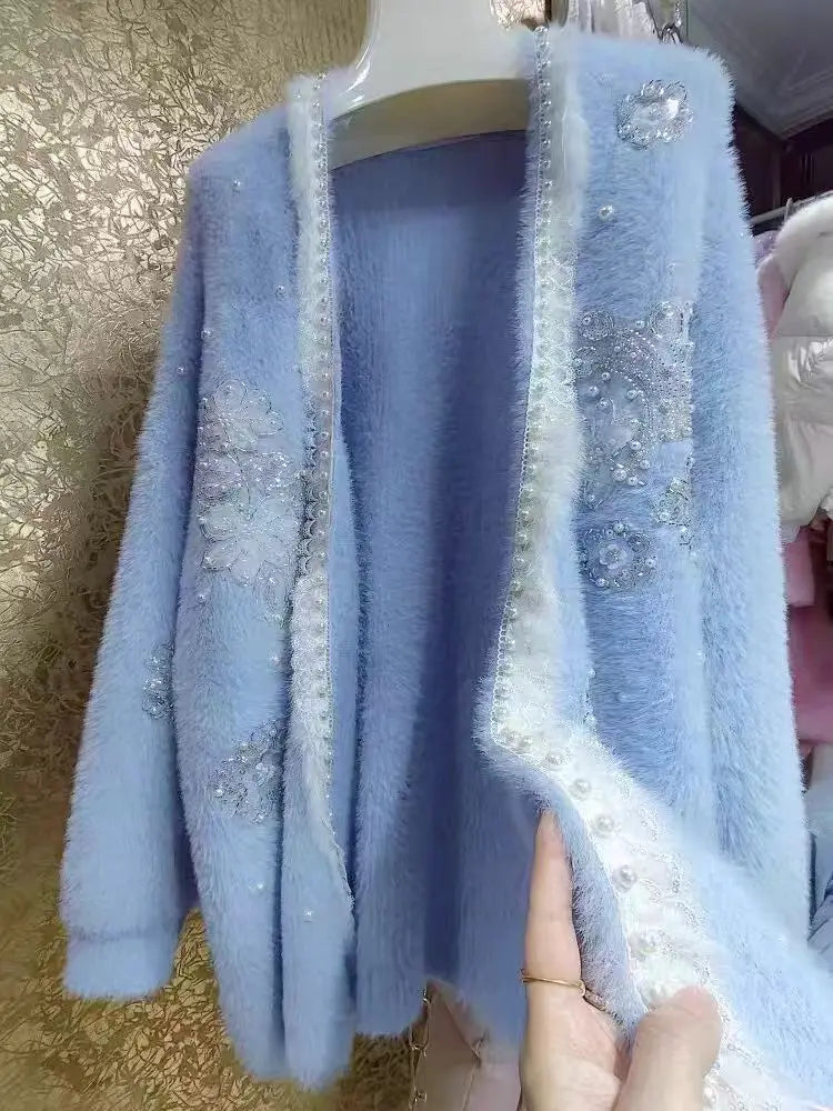 New In Winter 2025 Long Thick Knitwear Cardigan Coat for Women Long Sleeve Faux Fur Warm Sweater Jacket Korean Popular Clothes