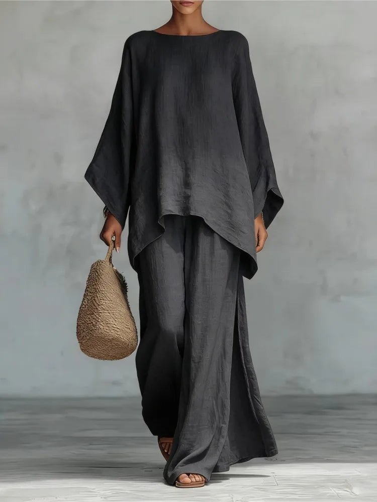 Fashion Linen Loose Long-sleeved Wide-leg Trousers 2-piece Set Women Spring New Casual Retro Elegant Female Simple Trousers Suit