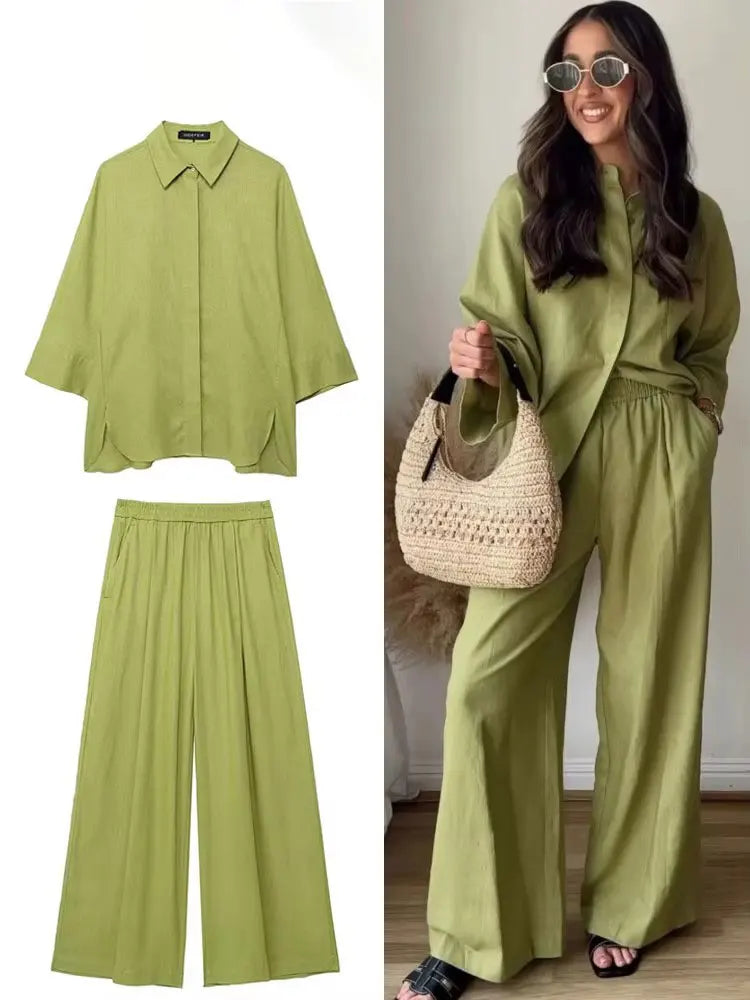 HH Women Casual Solid Blouse Pant Sets Loose Long Sleeve Lapel Shirts Elastic Waist Wide Leg Trousers Office Lady Suit