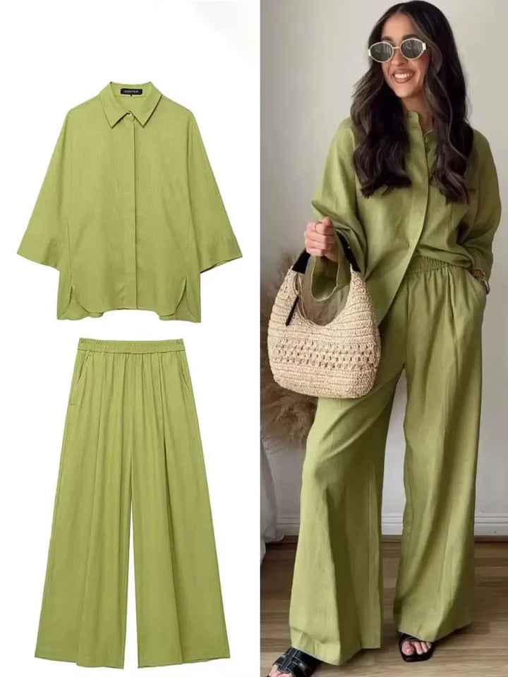 HH Women Casual Solid Blouse Pant Sets Loose Long Sleeve Lapel Shirts Elastic Waist Wide Leg Trousers Office Lady Suit
