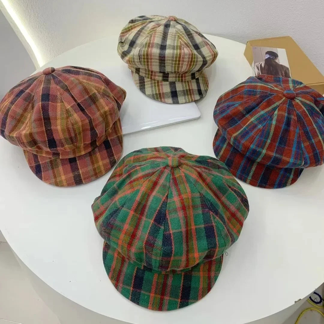 2025 Vintage Plaid Newsboy Cap - 8-Panel British Baker Boy Hat for Women, Slimming Face Retro Flat Cap