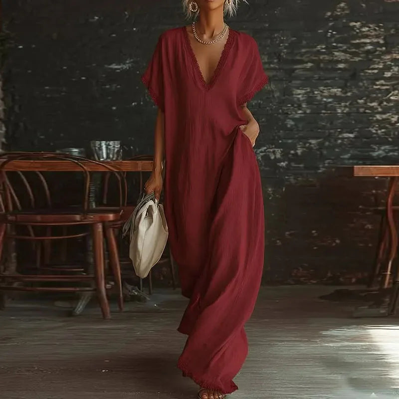 Comfy Loose Fit Linen Cotton Maxi Dress Women Elegant V Neck Lace Trim Casual Dress Spring Summer Short Sleeve Pocket Boho Dress