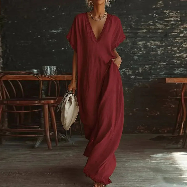 Comfy Loose Fit Linen Cotton Maxi Dress Women Elegant V Neck Lace Trim Casual Dress Spring Summer Short Sleeve Pocket Boho Dress