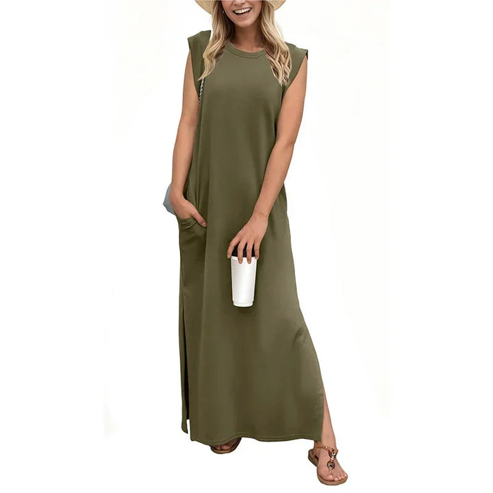 Casual Maxi Dress For Women Summer Loose Sleeveless Long Dresses Elegant Lady O Neck Solid Color Boho Beach Sundress Vestidos