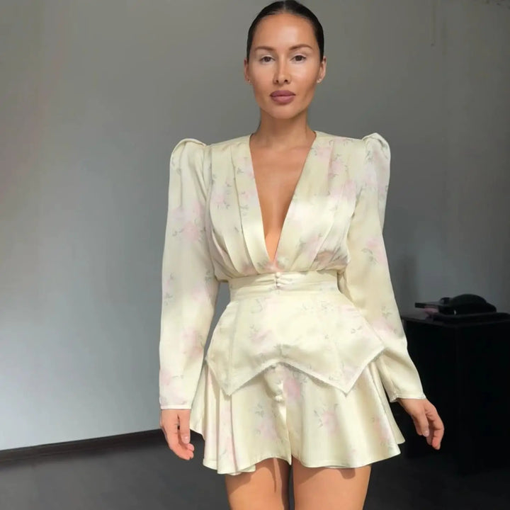 Fashion Floral Printed Maxi Dress Chic Deep V Neck Puff Sleeve Peplum Slit Dresses 2026 Summer Wedding Cocktail Party Women Gown