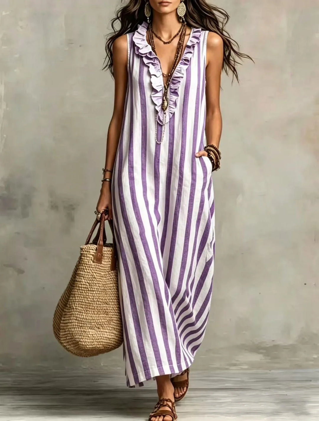 Bohemian Stripe V Neck Linen Maxi Dress Summer Casual Long Dresses