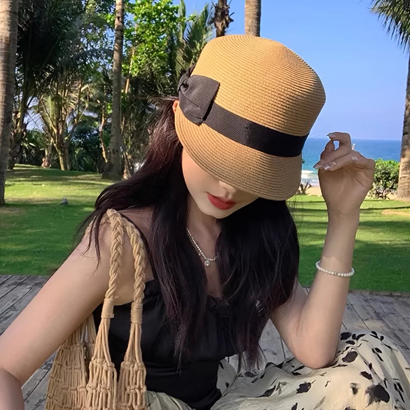 Fashion Women Straw Hat Fedora Summer Sun Protection Anti-Sunshine Horse Riding Cap Reduces Facial Age Peaked Caps