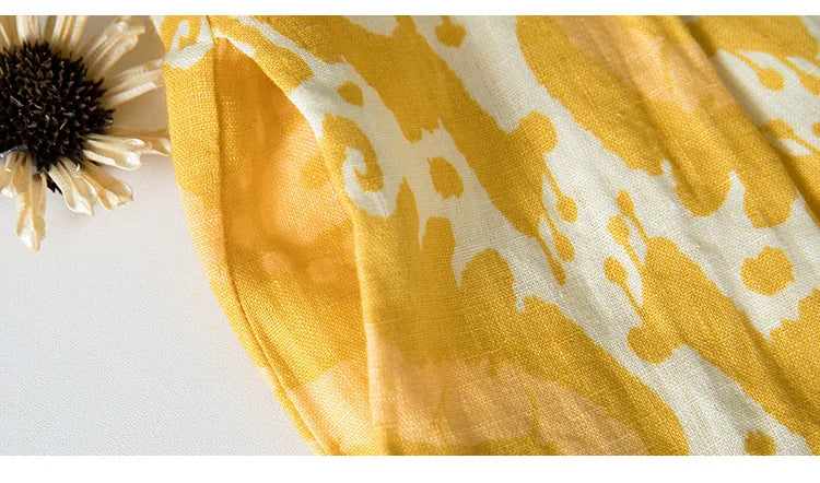 Printed Loose Linen Wide-Leg Pants for Women, Cropped Pants with Elastic Waist, Casual Versatile Skirt Pants, Yellow