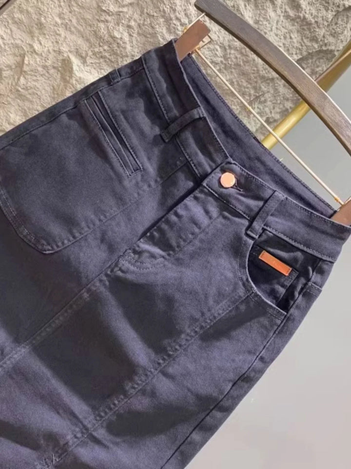 High Waist A-Line Midi Slit Denim Skirt Women&