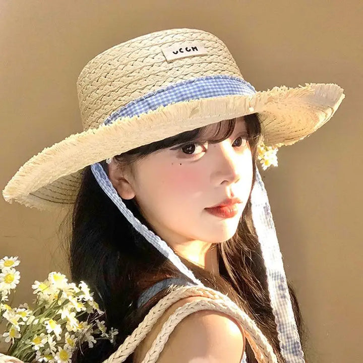 Wide-brimmed Straw Hat Women Beach Sun Hat Fashionable Sun Protection Floral Lace Bow Breathable Summer Hat for Vacation