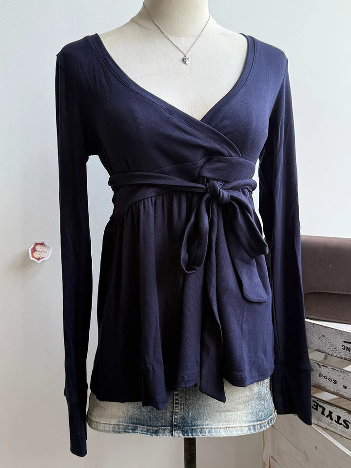 Navy V-neck Sexy Long Sleeve Tees Women Autumn New Streetwear Casual Lace-up Slim T-shirts Vintage Chic Sweet Babydoll Tops Y2K