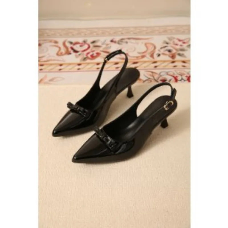 Women Pointed Toe Slingback Heels Elegant Patent Leather Metal Buckle Mid Kitten Heel Dress Shoes for Party Office Wedding Shoes