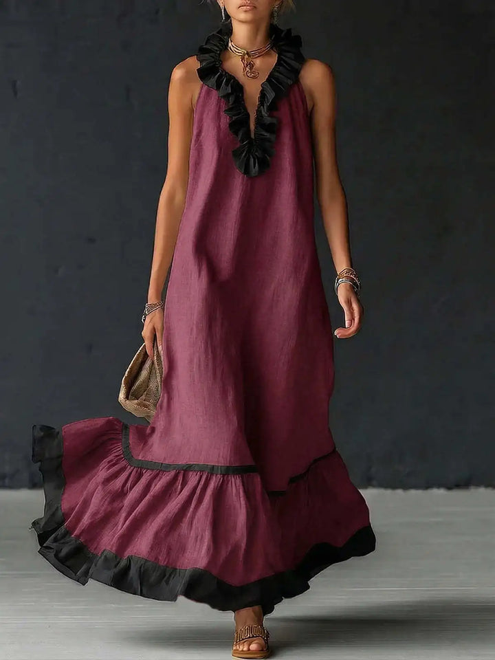 Fashion Patchwork Maxi Dress for Woman V Neck Stringy Selvedge Ruffle Flowy Long Dresses 2026 Summer Beach Vacation Sundress