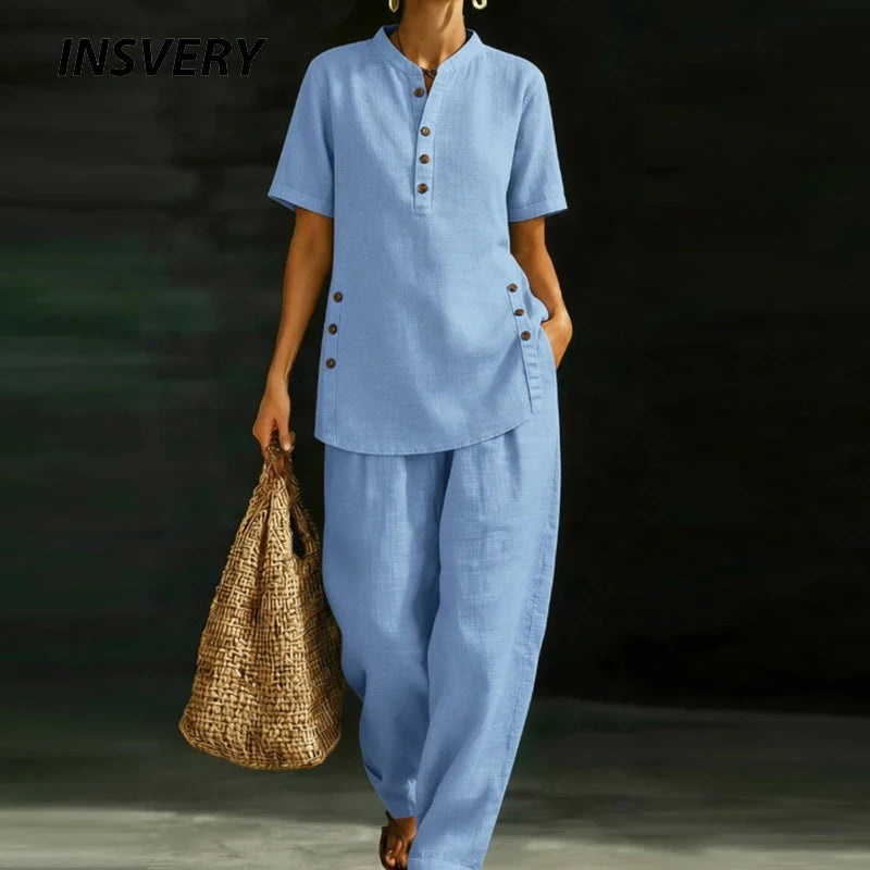 Fashion Cotton Linen Short Sleeve O Neck Button Shirt Wide Leg Pants Suit Women Casual Two Piece Sets Summer Office 2PCS