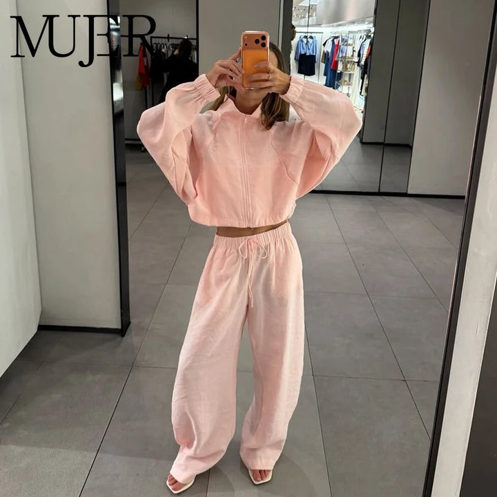 MUJER Wide Leg Pants Sets for Women 2 Pieces Mid Waist Pleated Women&