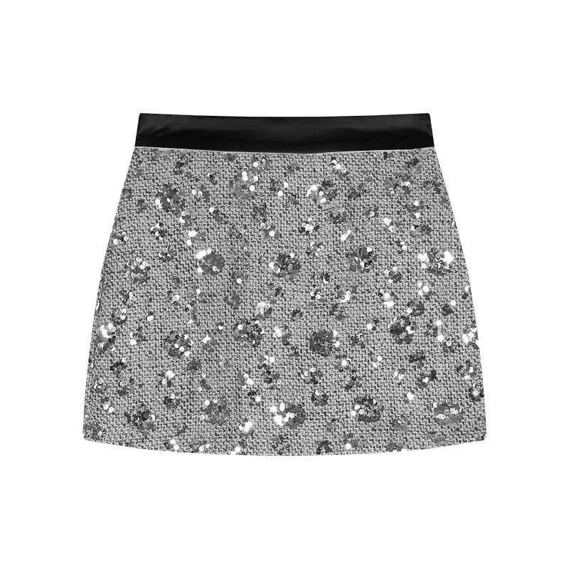 Sequined midi skirt for women in spring high waisted A-line skirt high-end design niche temperament hip hugging short skirt