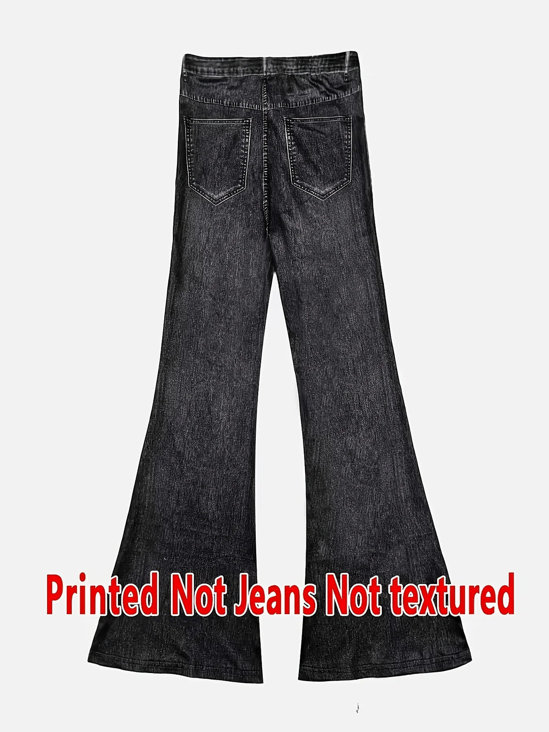 Women Faux Denim Print Flare Pants High Waist Stretch Bootcut Leggings Fake Jeans Bell Bottom Long Trousers