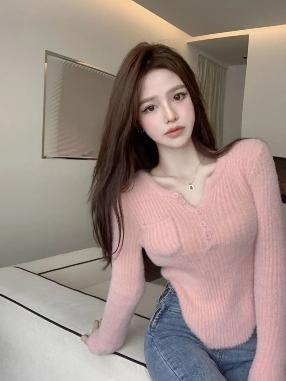 Stylish New Knitted Sweater Long Sleeve V-Neck Women&