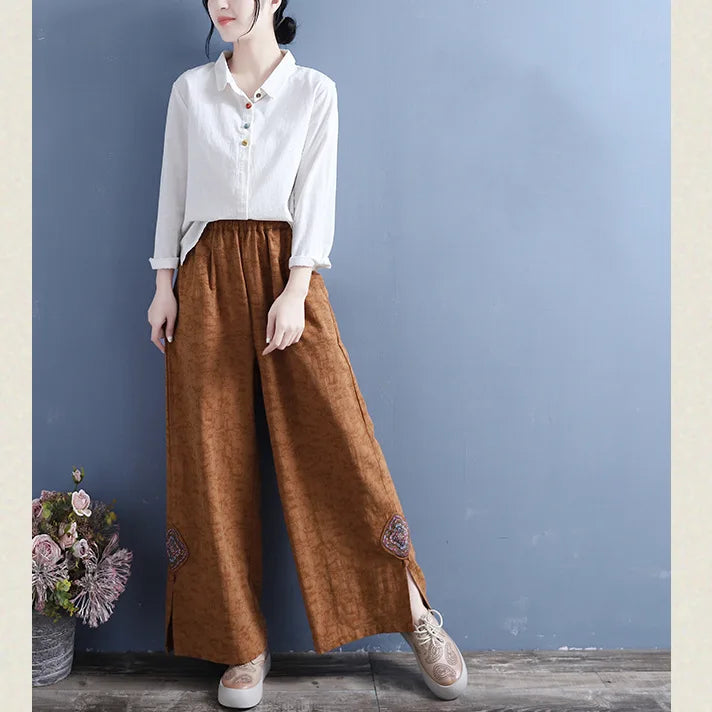 Women Linen Wide Leg Pants Elastic Waist Embroidery Patch Split Hem Loose Casual Ankle Trousers