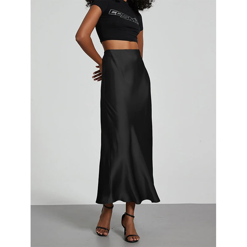 Minimalist Satin Midi Skirt  High Waist Bias Cut Flowy Hem Top for Office &amp; Casual Streetwear