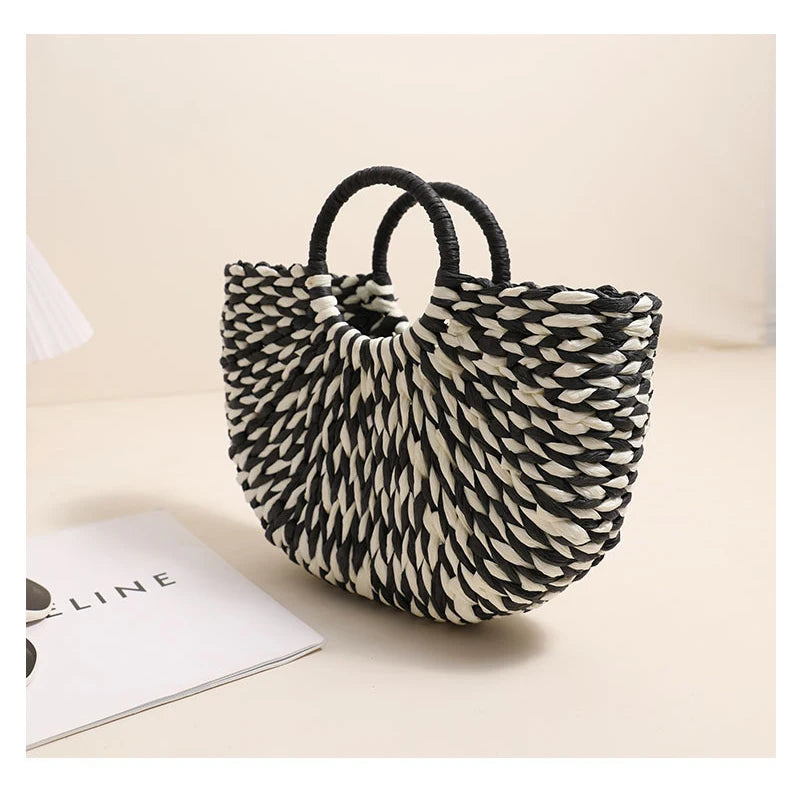 TOPHIGH Women Straw Tote Bag Large Capacity Luxury Designer Woven Bag Color Clash Semicircle Weaving Bag Summer Beach Handbag