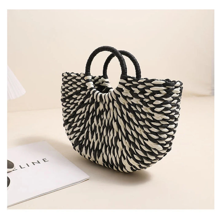 TOPHIGH Women Straw Tote Bag Large Capacity Luxury Designer Woven Bag Color Clash Semicircle Weaving Bag Summer Beach Handbag