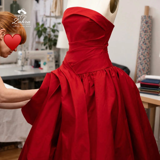 Women's Formal Evening Gowns Red A Line Evening Dress Luxury Folded Bodice 3D Rose Ruffle High Slit Satin Elegant Party Dresses
