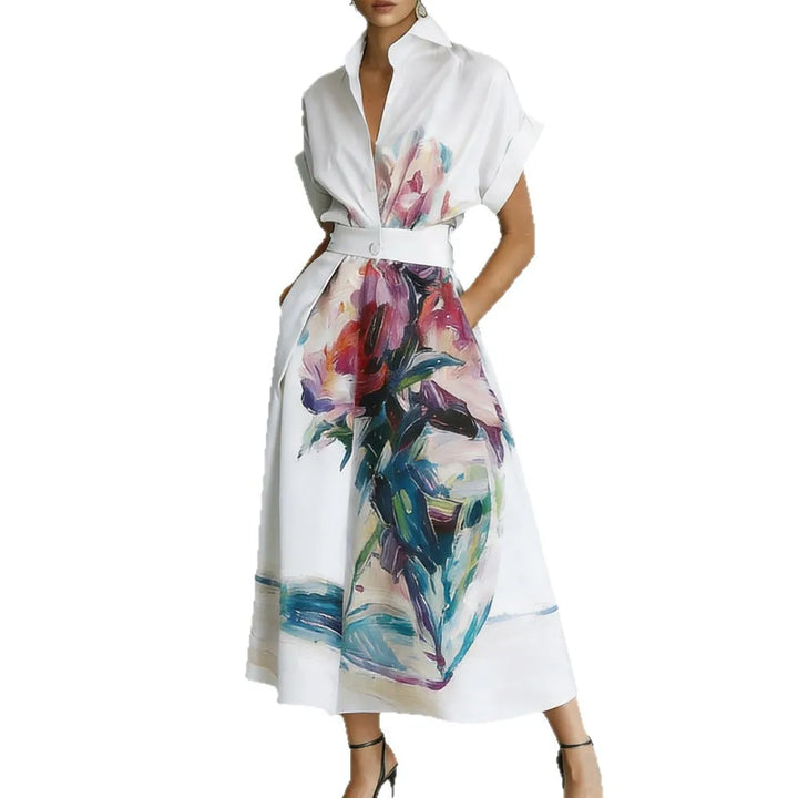 Flower Print Maxi Dress Women Summer Short Sleeve Turn-Down Collar Holiday Party Dress Button Patchwork High Street Ladies Dress