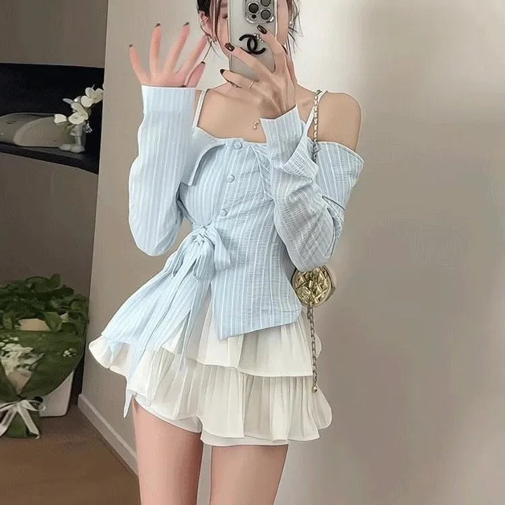 One-length Off-shoulder for Women in Spring Summer Irregular Waist-hugging Lace-up Top Trendy Pleated Skirt Suit