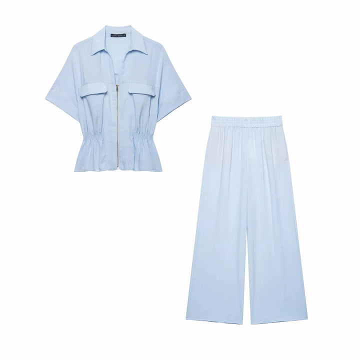 Women Light Blue 2-Piece Set Lapel Zipper Short Sleeve Cropped Shirt + Elastic Waist Wide Leg Pants Casual Office Lady Suit