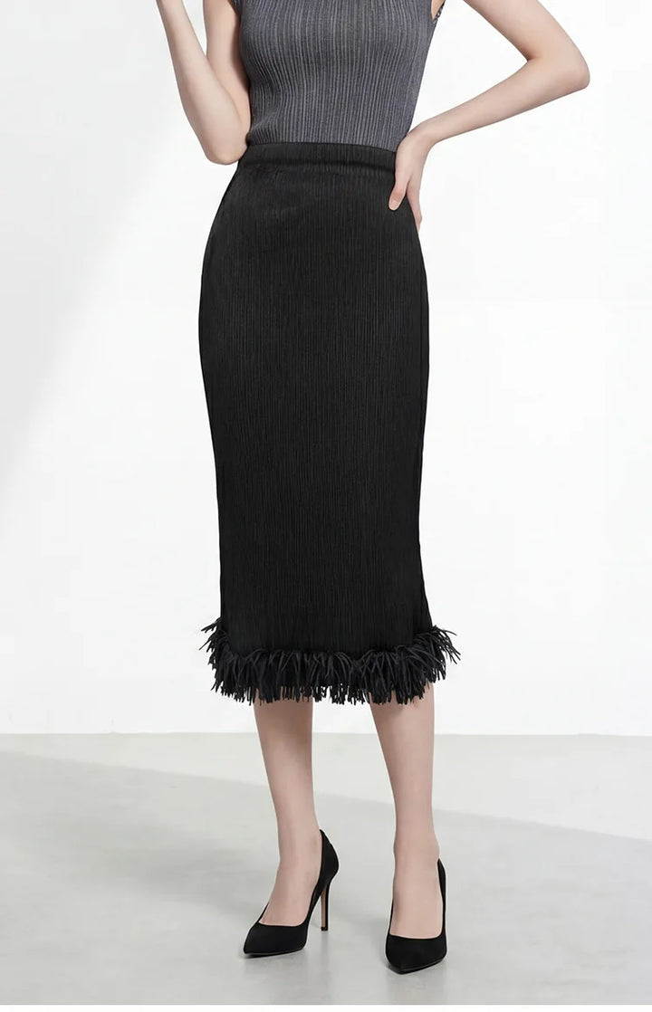 Black Pleated Pencil Skirt for Professional Wear, High-End Summer Style, Elastic Waist, Tassel Mid-Length Elegant Commuter Skirt