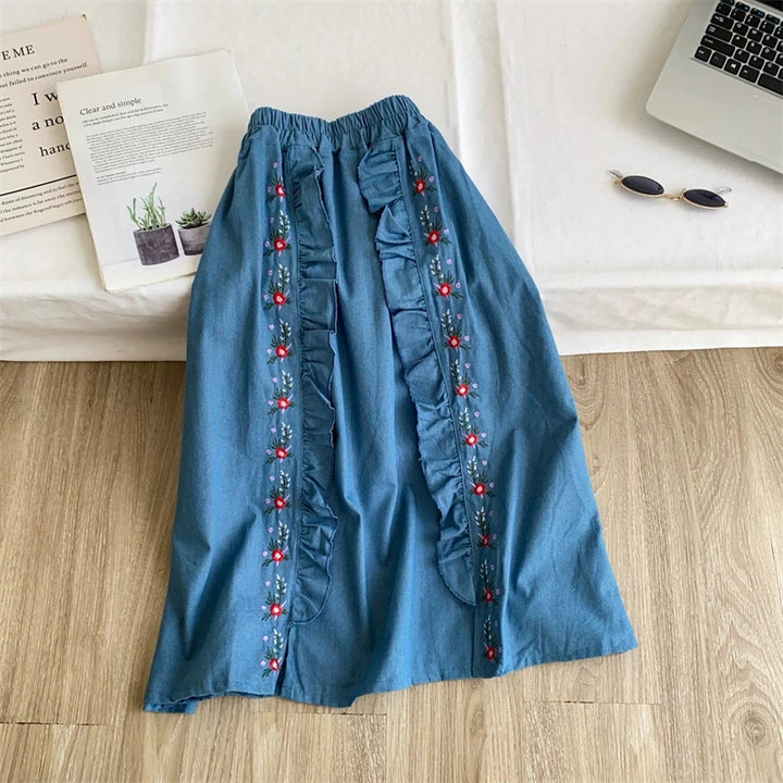 Women Denim Midi Skirt Vintage Floral Embroidery Ruffled Split A‑Line Skirt Elastic High Waist Casual Boho Long Jean Skirt