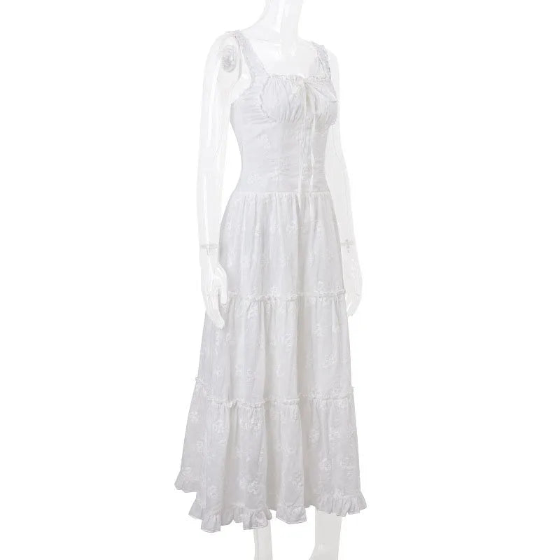 White Square Collar Maxi Dress for Women Fashion Ruffles Lace-Up High Waisted Long Dresses Summer Holiday Suspender Beach Dress