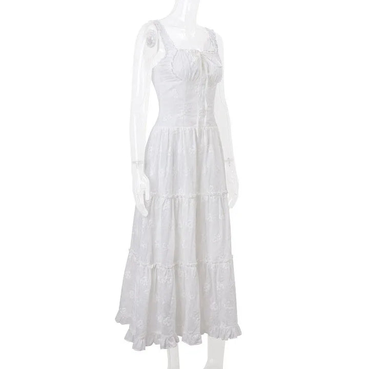 White Square Collar Maxi Dress for Women Fashion Ruffles Lace-Up High Waisted Long Dresses Summer Holiday Suspender Beach Dress