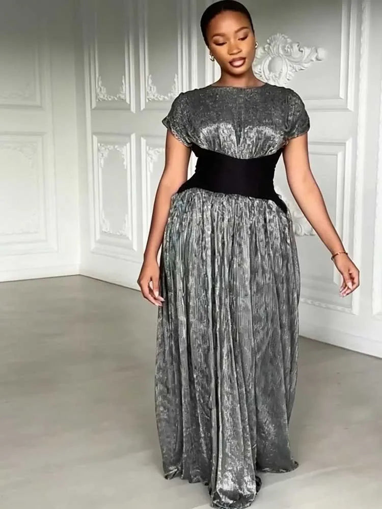 Black Dresses Woman Elegant Short Sleeve Curvy Evening Dress for Party Vintage Chic Long Pleated Dress