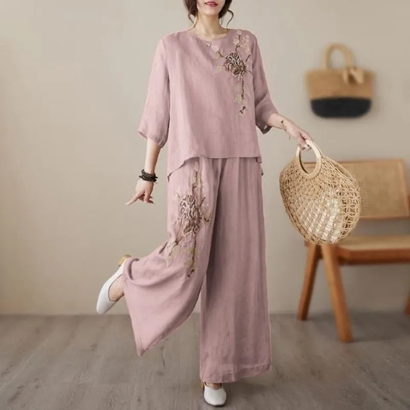 Linen Cotton Two Piece Set Women Embroidery Top Wide Leg Pants 2026 Summer Loose Fit Casual Mother Outfit for Daily Wear