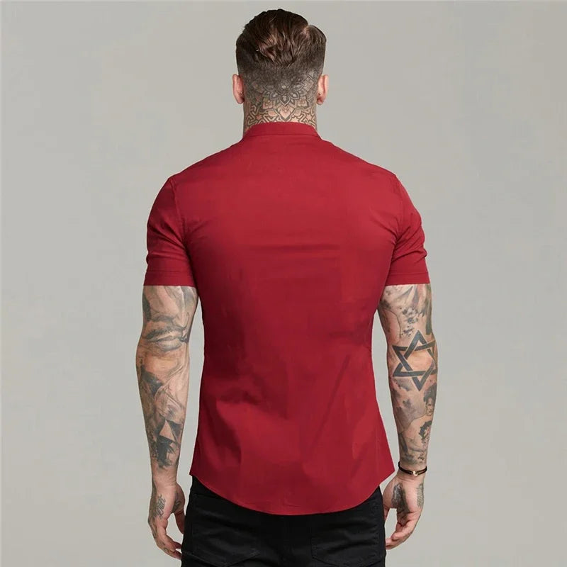Mens Short Sleeve Shirt Summer Plain Slim Fit Dress Shirts Fitness Men Gym Clothing Fashion Casual Social Stand Business Shirts